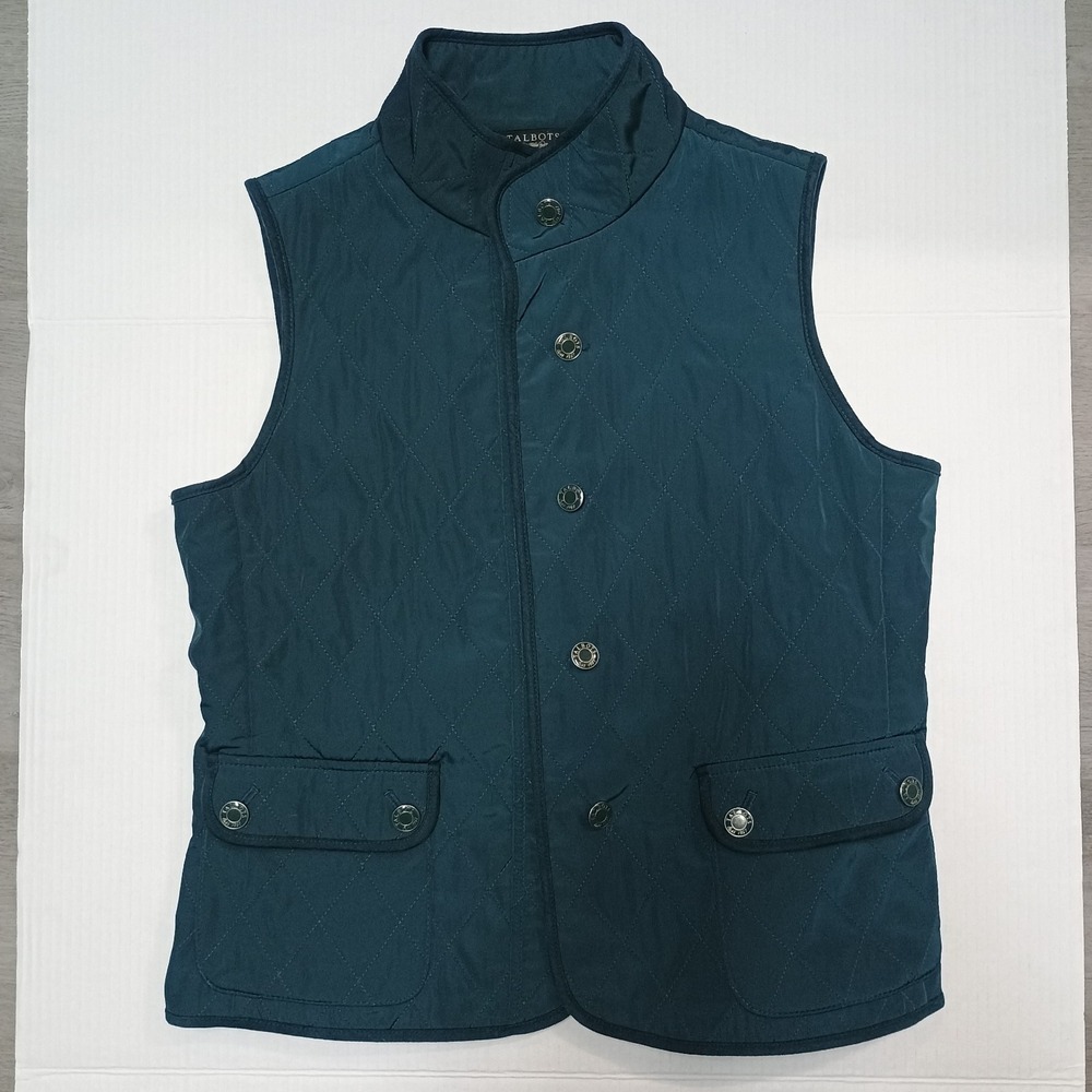 Talbots Dark Teal Quilted Vest Fleece Lined Size Medium Petite